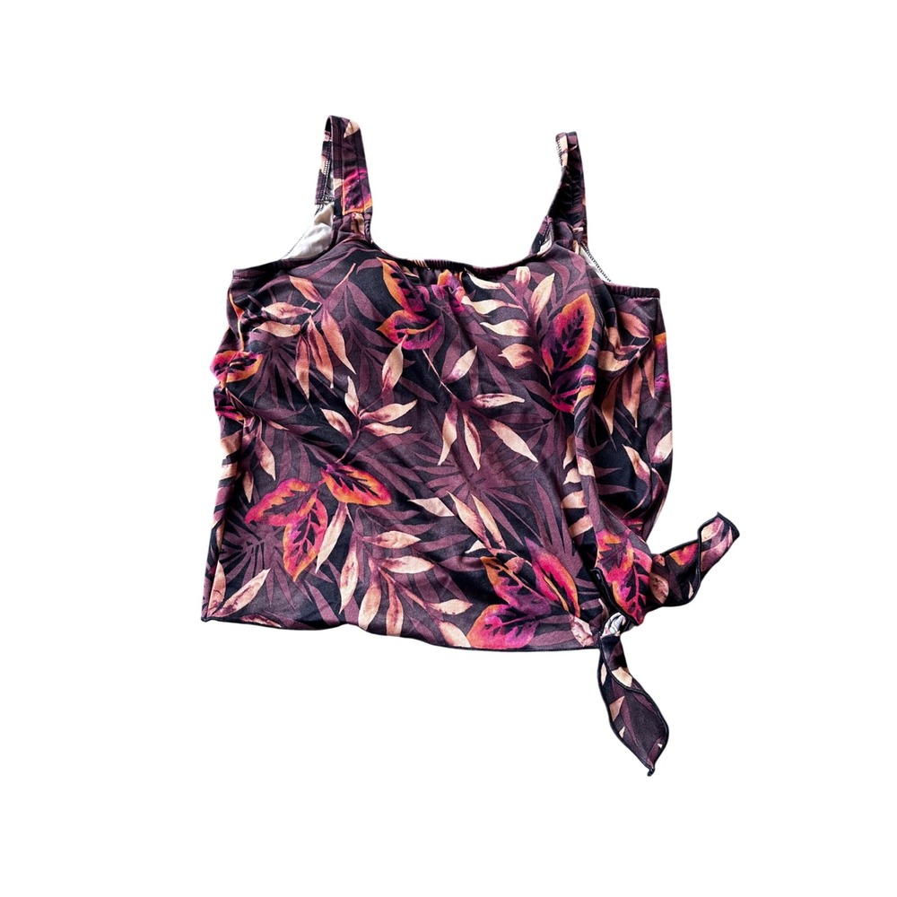 Tropical‎ Leaf Print Side Tie Tankini Top Burgundy Orange Size 14 91482